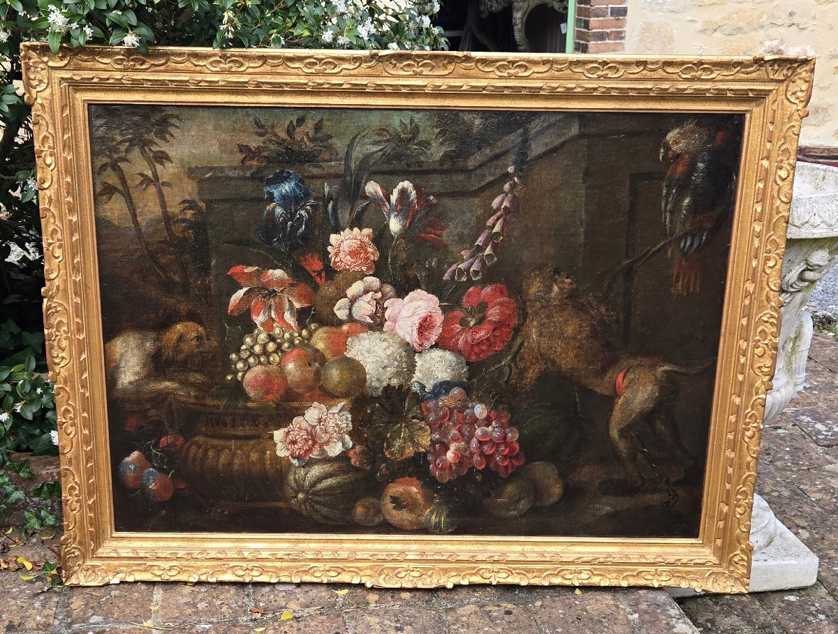 Nature Morte Aux Fleurs, Fruits, Singe, Perroquet Et Chien. XVIIème Siècle.  