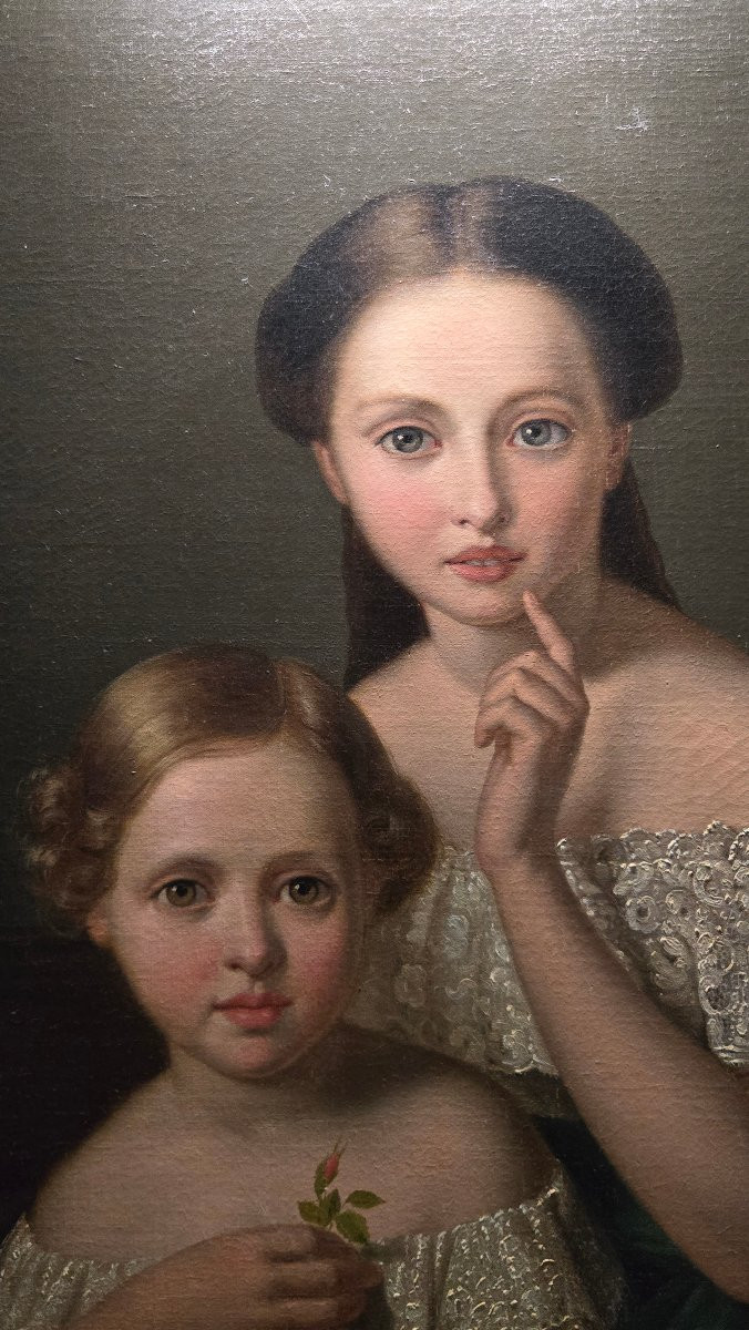 Large Portrait Of Children, Oil On Canvas, Napoleon III Period. -photo-3