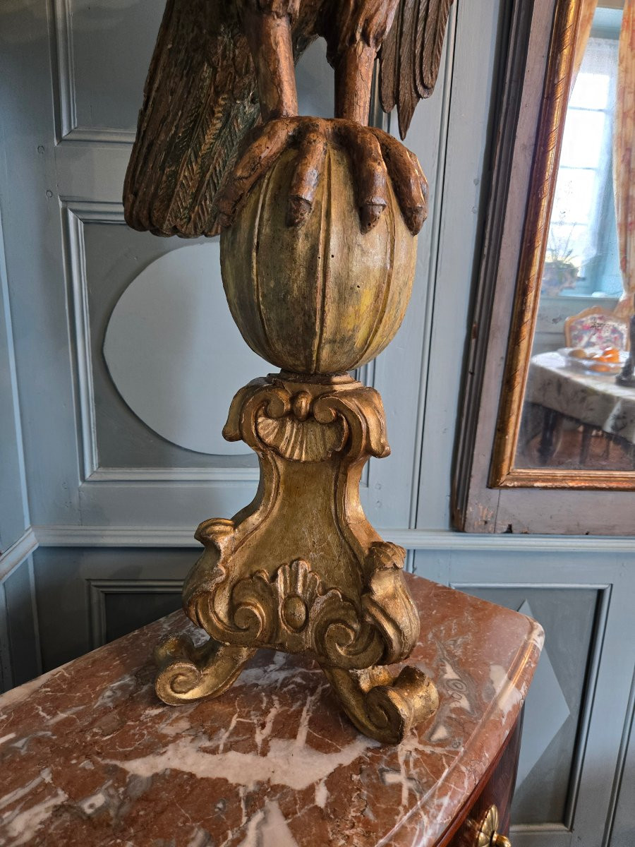 Aigle En Bois Sculpté En Ronde Bosse, époque XVIIIème Siècle. -photo-3