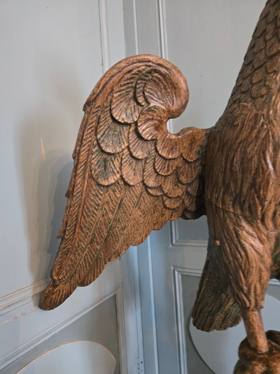 Aigle En Bois Sculpté En Ronde Bosse, époque XVIIIème Siècle. -photo-1