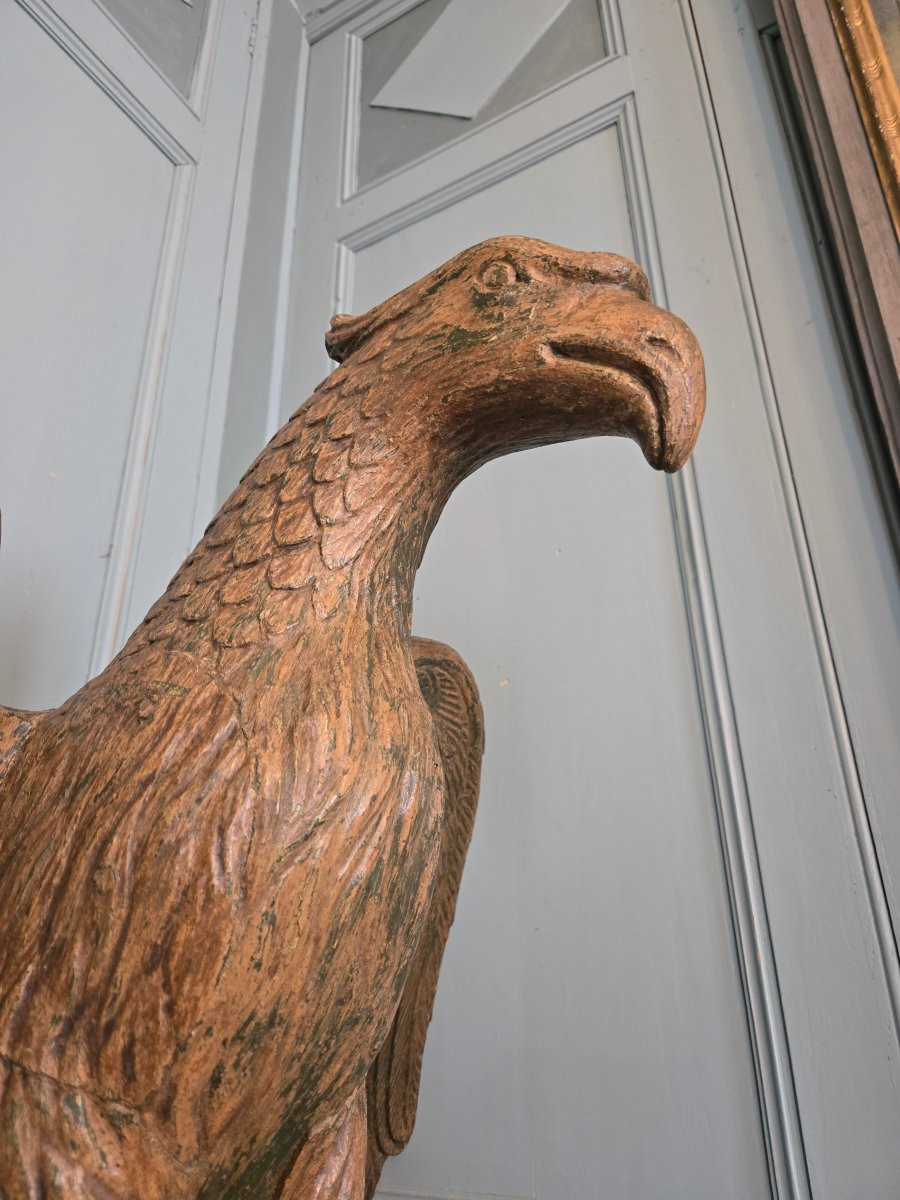 Aigle En Bois Sculpté En Ronde Bosse, époque XVIIIème Siècle. -photo-6