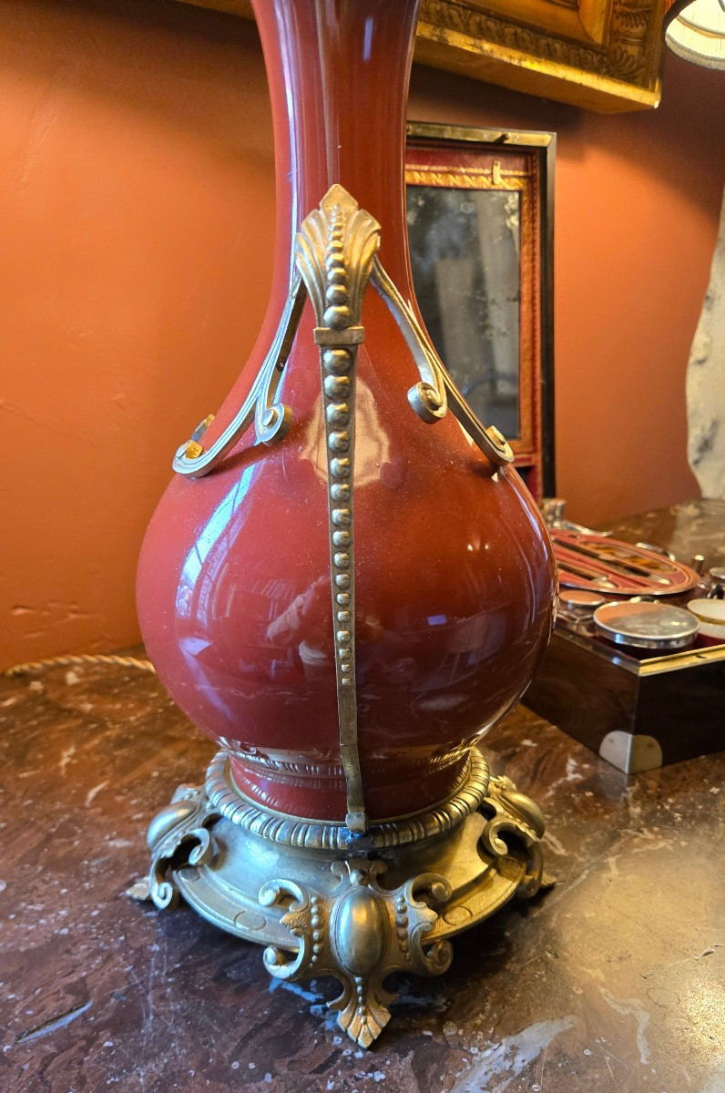 Paire De Lampe En Porcelaine Rouge Et Bronze, XIXeme -photo-3