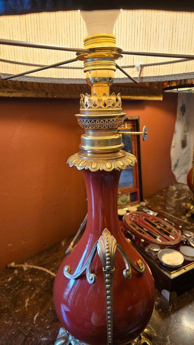 Paire De Lampe En Porcelaine Rouge Et Bronze, XIXeme -photo-4