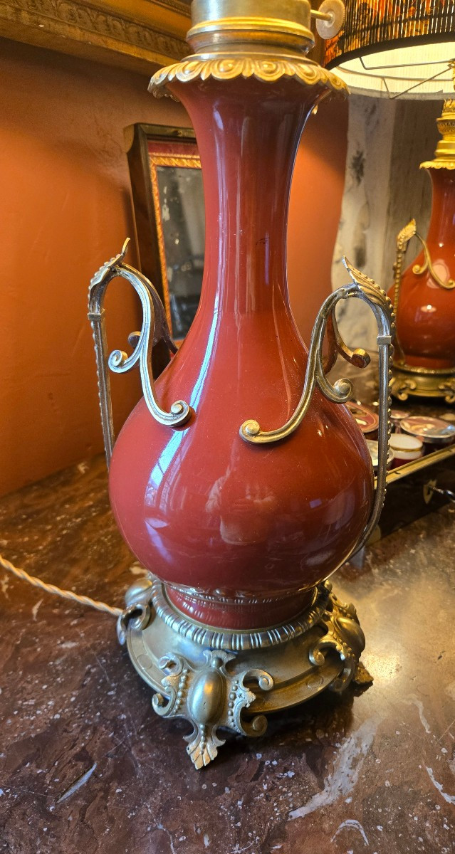 Paire De Lampe En Porcelaine Rouge Et Bronze, XIXeme -photo-6