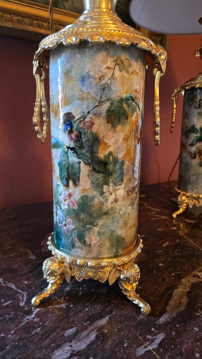 Pair Of Barbotine Lamps By D.grenet, With Japanese-style Gilt Bronze Mounts, Circa 1880.-photo-1