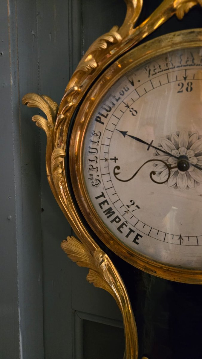 Thermometer, Barometer In Lacquered Wood And Gilt Bronze, Louis XV Style, 19th Century.  -photo-1
