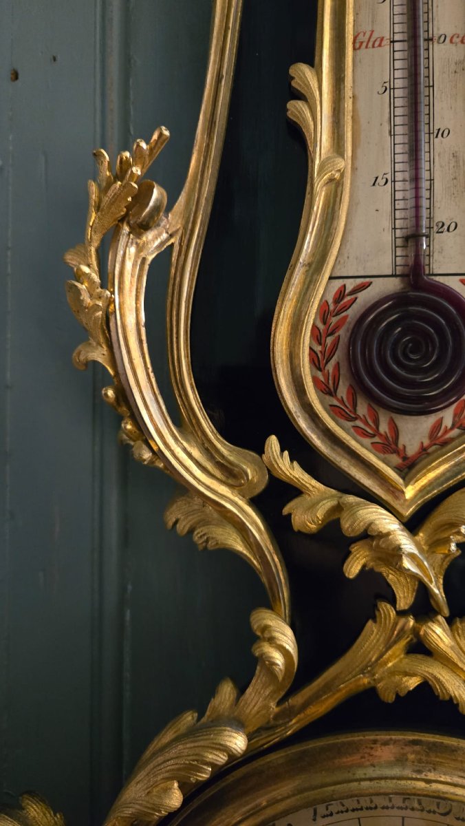Thermometer, Barometer In Lacquered Wood And Gilt Bronze, Louis XV Style, 19th Century.  -photo-4
