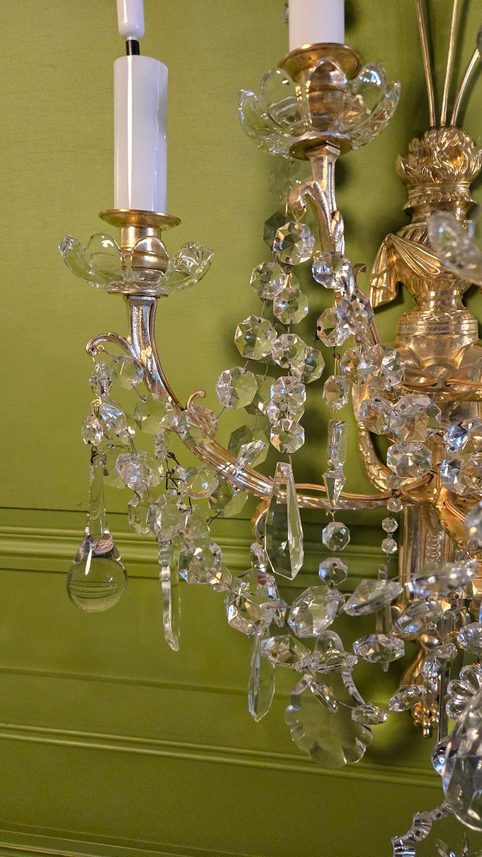 Série De 4 Appliques En Bronze Et Cristal – époque XIXe-photo-3