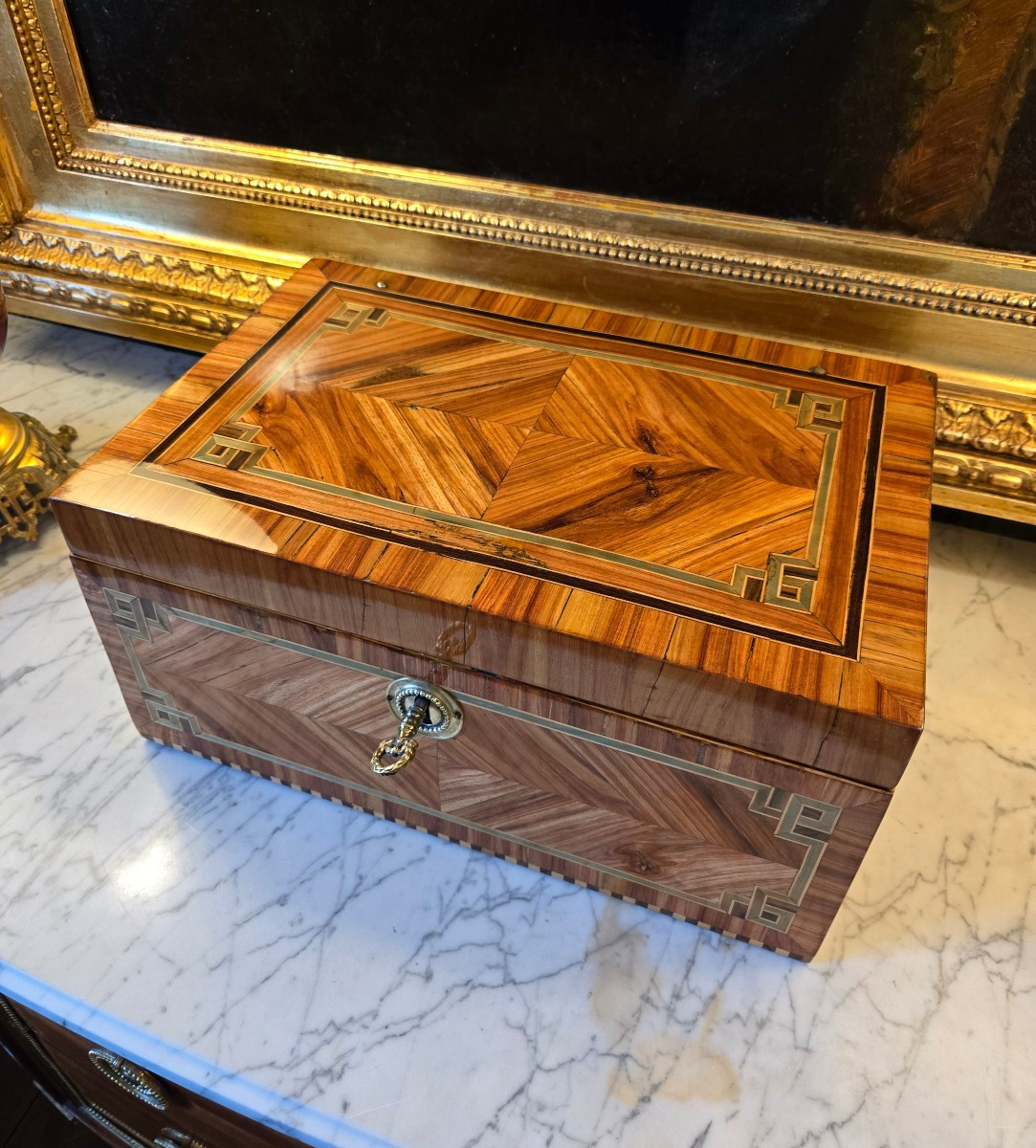 Large Travel Box In Marquetry And Indian Fabric – Louis XVI Period, Circa 1780.