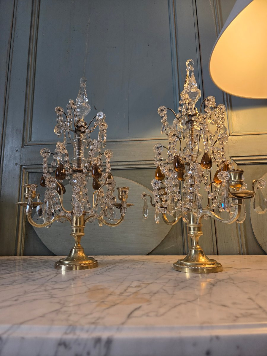Paire De Girandoles En Cristal Et Bronze Doré, époque Napoléon III – France, Vers 1860.-photo-2