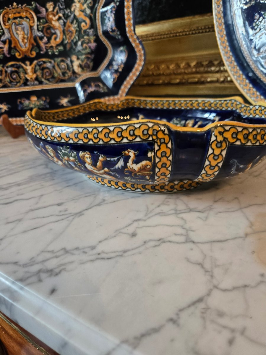 Melonière In Gien Earthenware, "otalian Renaissance" Decoration On A Blue Background, 1941–1950.-photo-2