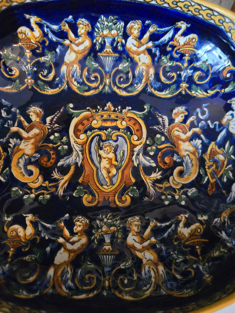 Melonière In Gien Earthenware, "otalian Renaissance" Decoration On A Blue Background, 1941–1950.-photo-4