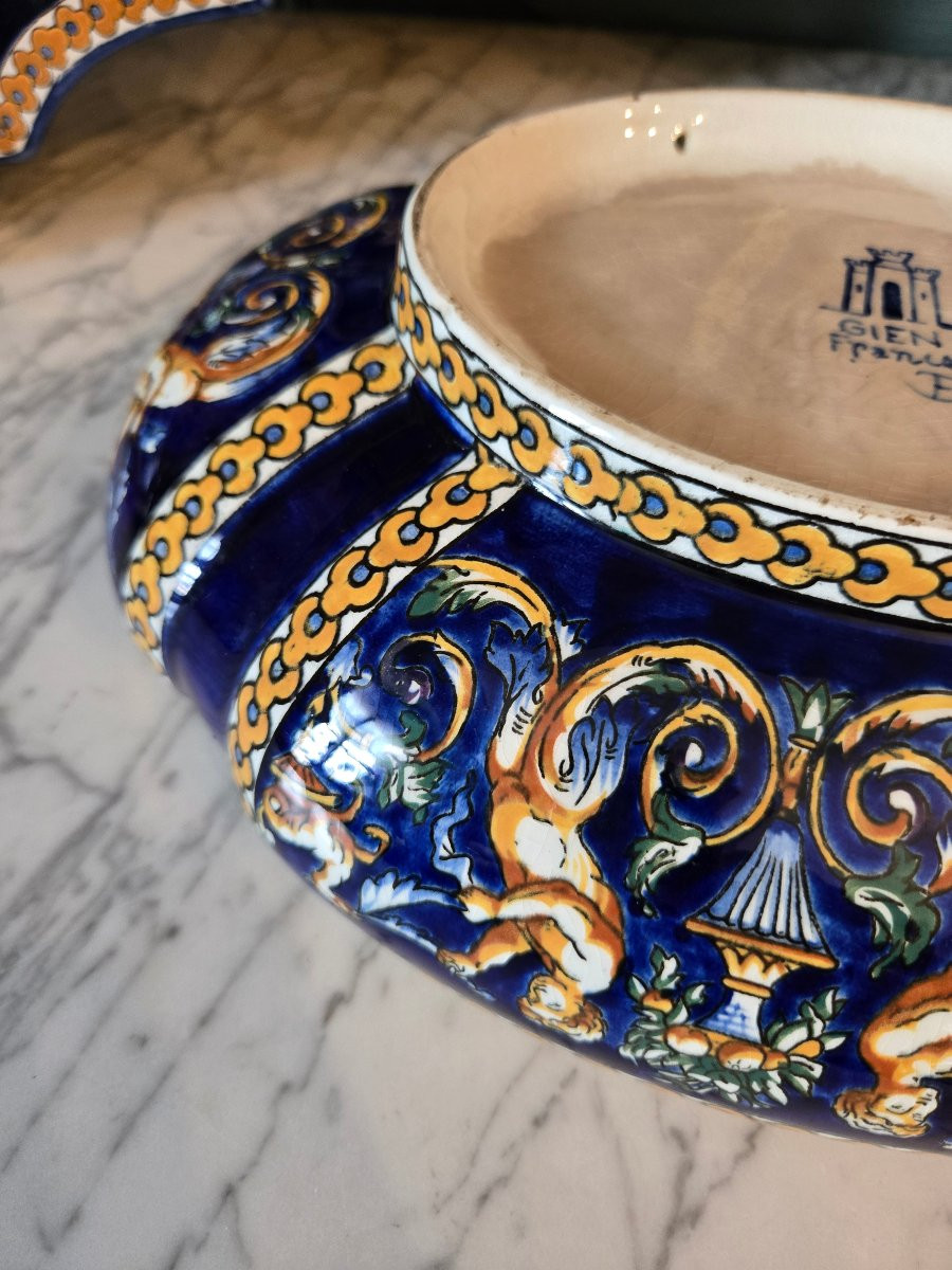 Melonière In Gien Earthenware, "otalian Renaissance" Decoration On A Blue Background, 1941–1950.-photo-2