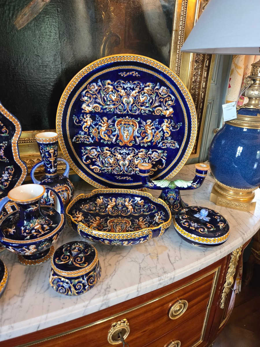 Melonière In Gien Earthenware, "otalian Renaissance" Decoration On A Blue Background, 1941–1950.-photo-4