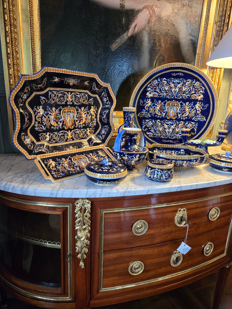 Melonière In Gien Earthenware, "otalian Renaissance" Decoration On A Blue Background, 1941–1950.-photo-5