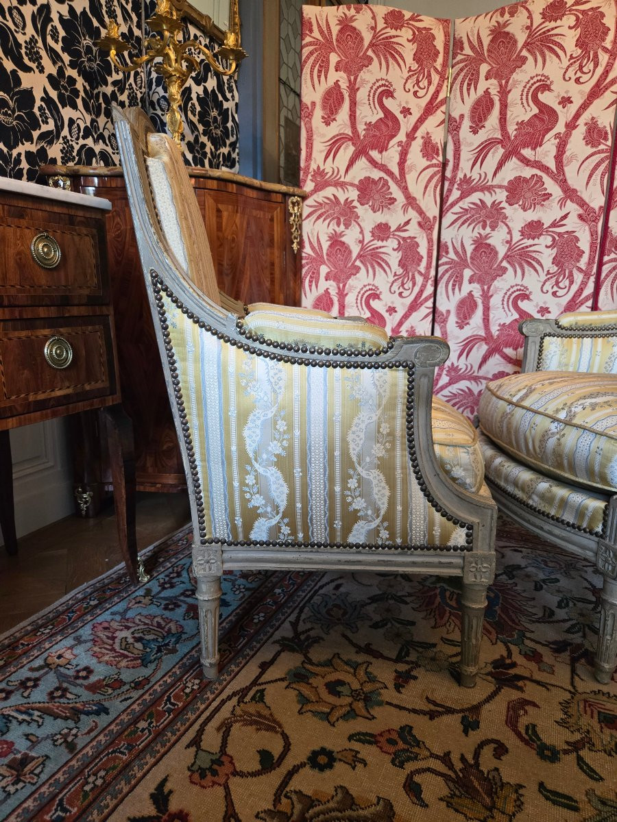 Paire de bergères de style Louis XVI en hêtre mouluré et sculpté.  Début XXeme-photo-1