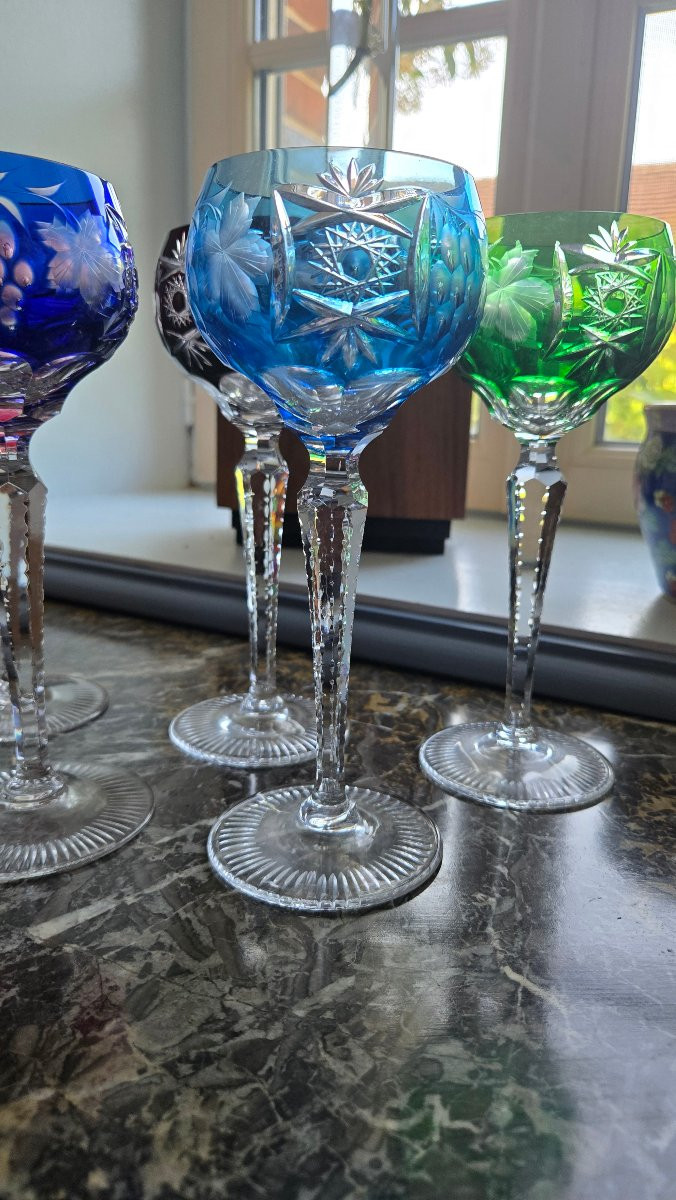 6 Rhine Wine Glasses Roemer Cut Crystal Double Color-photo-2