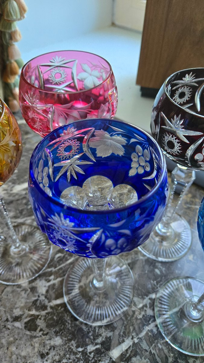 6 Rhine Wine Glasses Roemer Cut Crystal Double Color-photo-4
