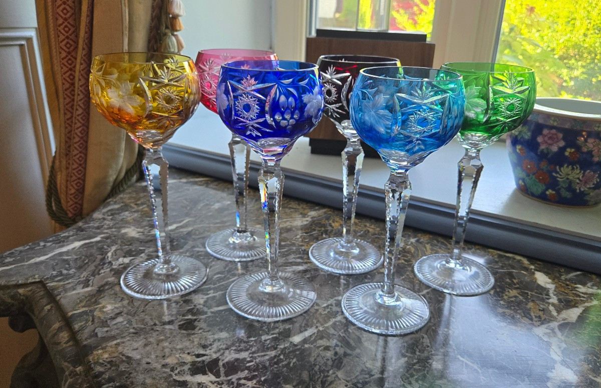 6 Rhine Wine Glasses Roemer Cut Crystal Double Color