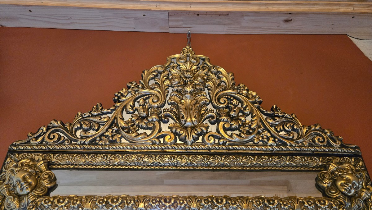 Large Mirror With Glazing Beads And Pediment In The 17th Century Style, Napoleon III Period. -photo-2