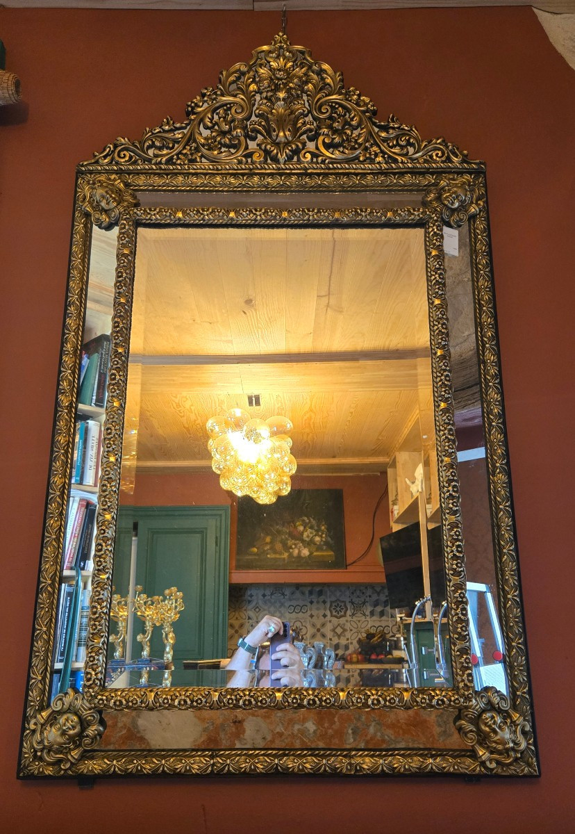 Large Mirror With Glazing Beads And Pediment In The 17th Century Style, Napoleon III Period. 