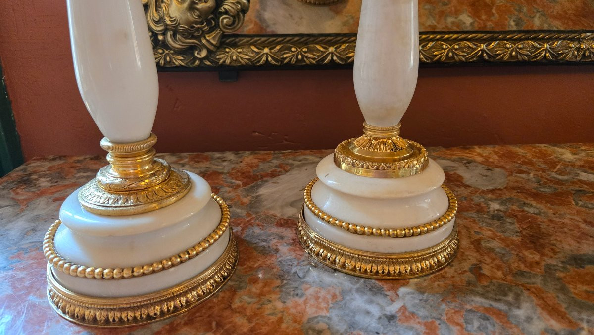 Pair Of White Marble And Gilded Bronze Candelabras, Louis XVI-directoire Style-photo-2