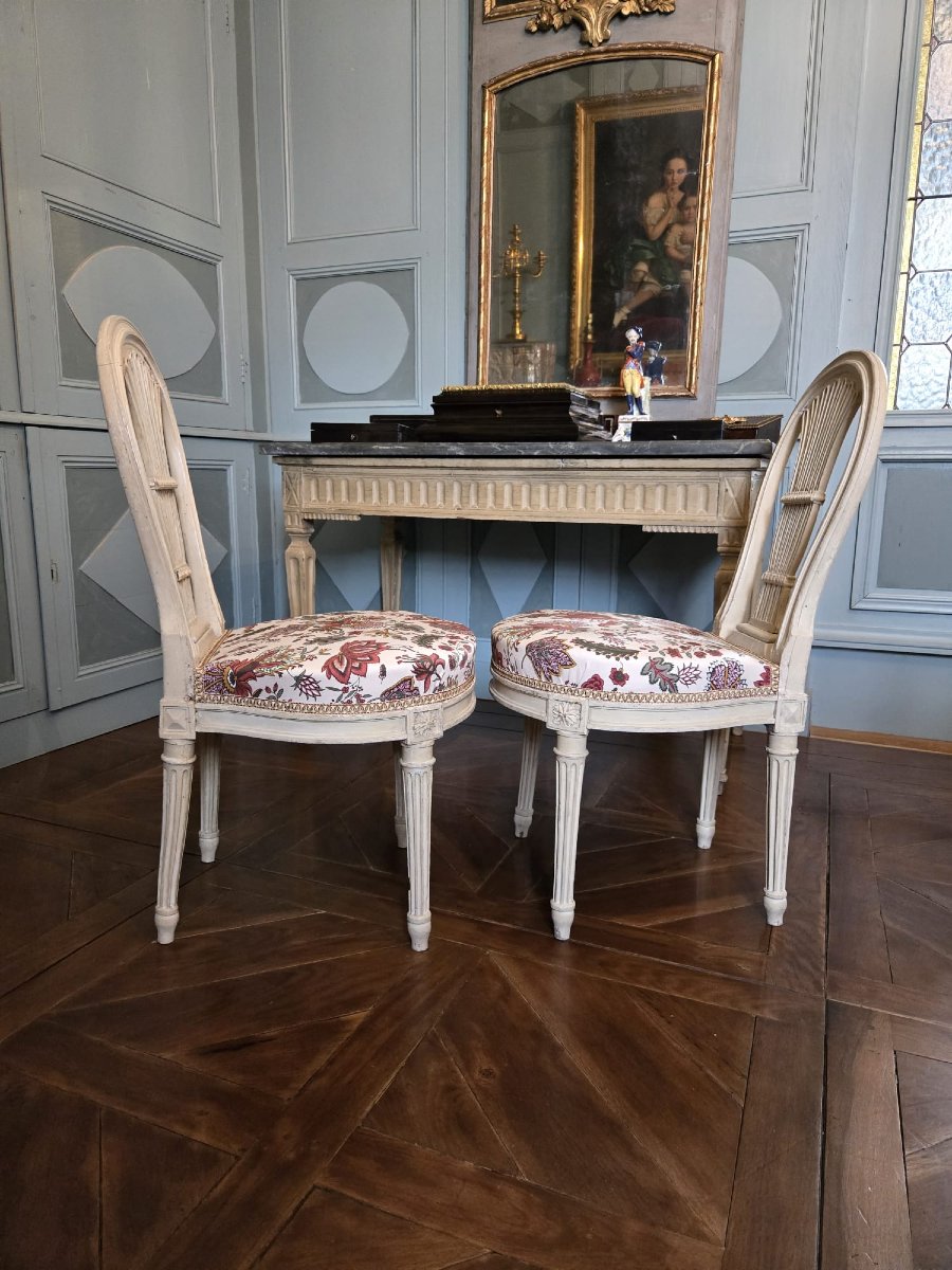 Pair Of Louis XVI Chairs Stamped Jean Avisse With Openwork Backs In Stylized Palmette-photo-3