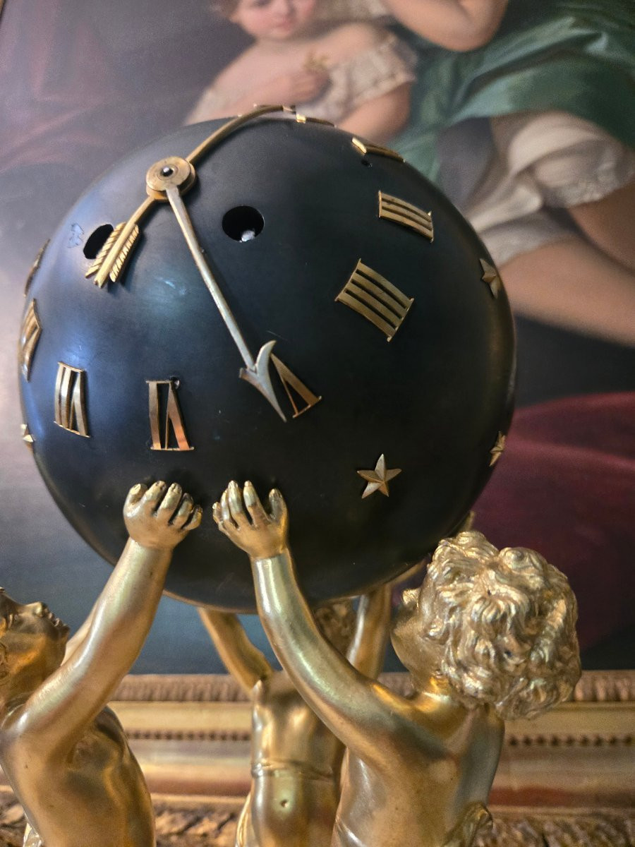 Pendule au globe céleste porté par des putti, style Louis XVI, XIXeme-photo-6