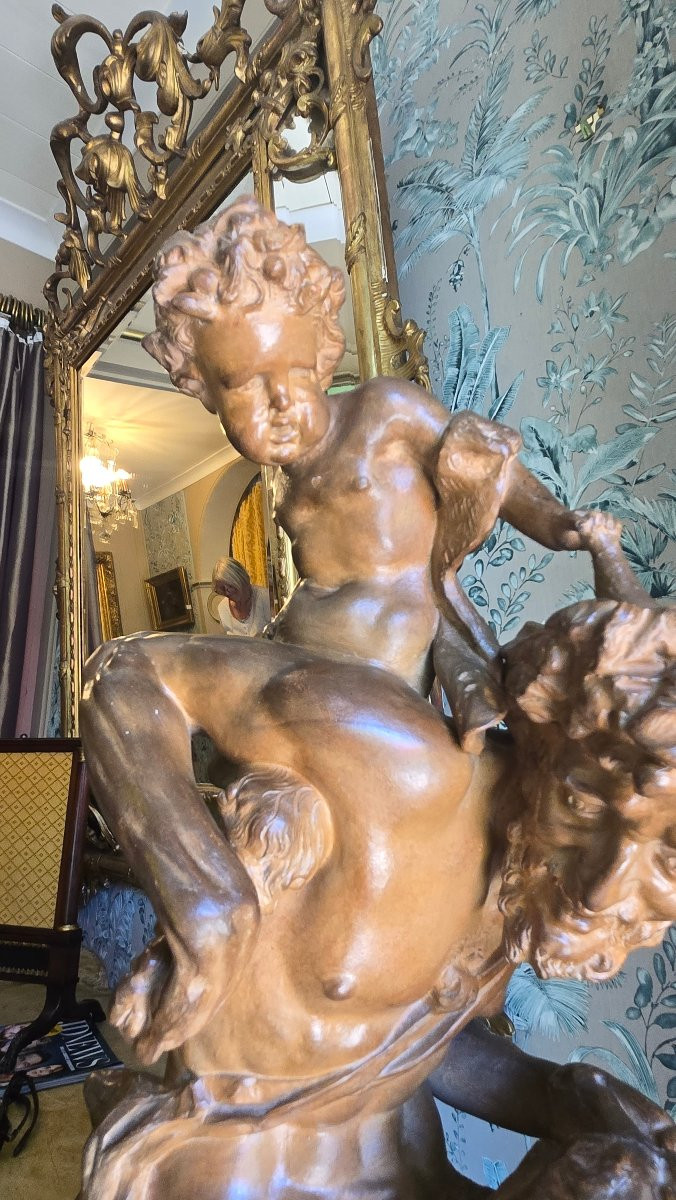 Eugène Thivier (1845–1920) – Groupe en terre cuite : Faune et ses enfants -photo-3