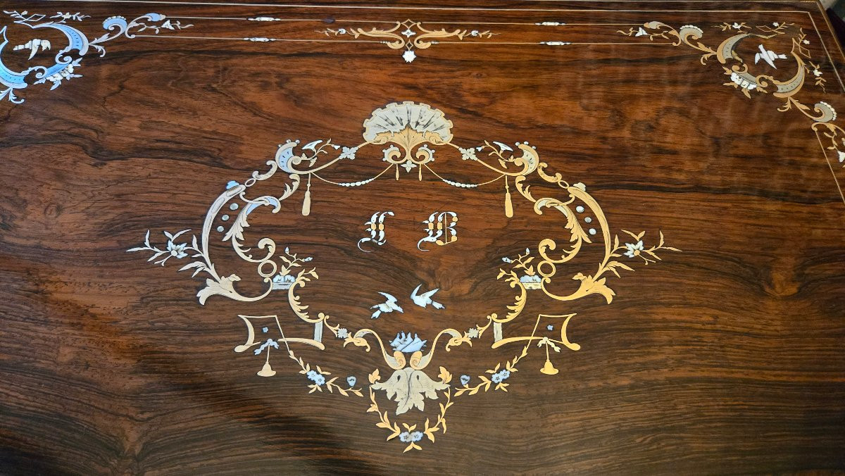 Coffret de mariage en palissandre, marqueterie de cuivre, étain et ivoire gravés – XIXe -photo-4