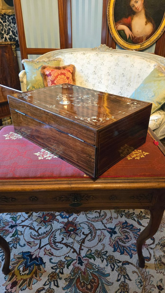 Coffret de mariage en palissandre, marqueterie de cuivre, étain et ivoire gravés – XIXe -photo-6