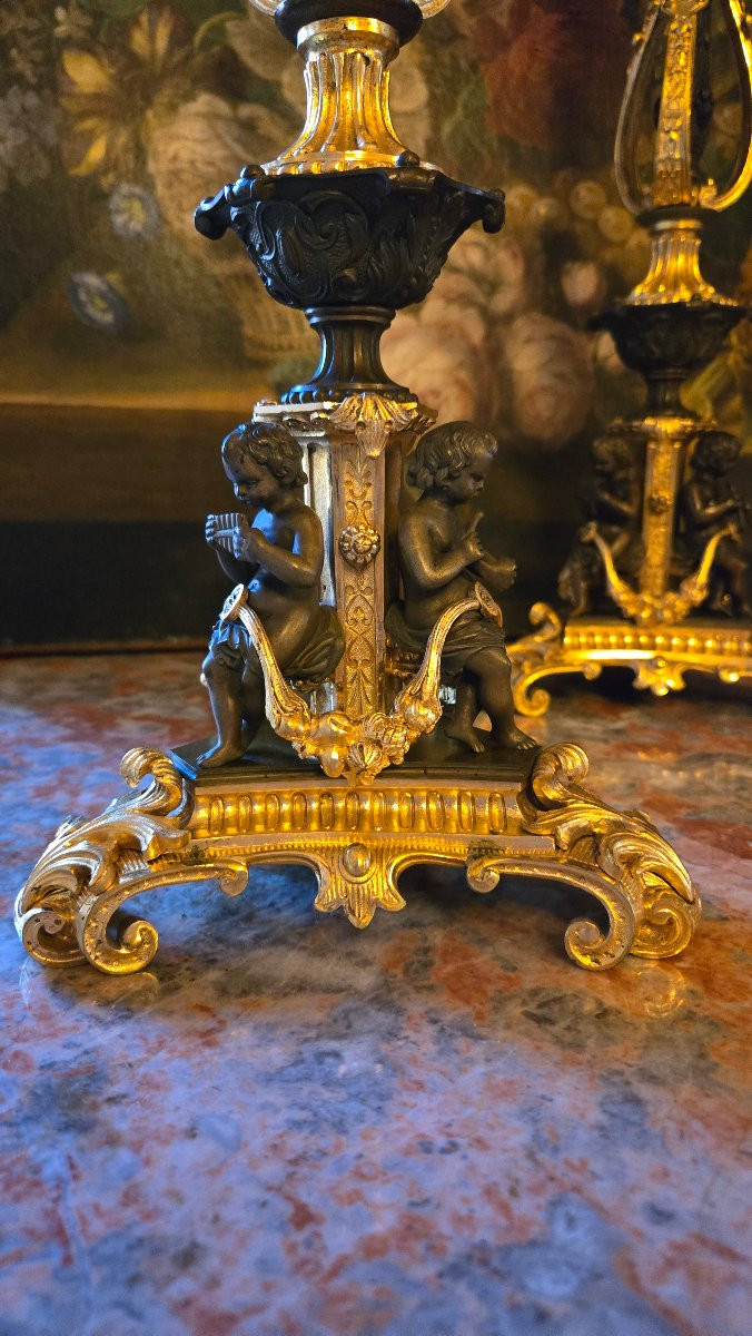  Paire de grands candélabres en bronze aux enfants musiciens – Époque Napoléon III-photo-2