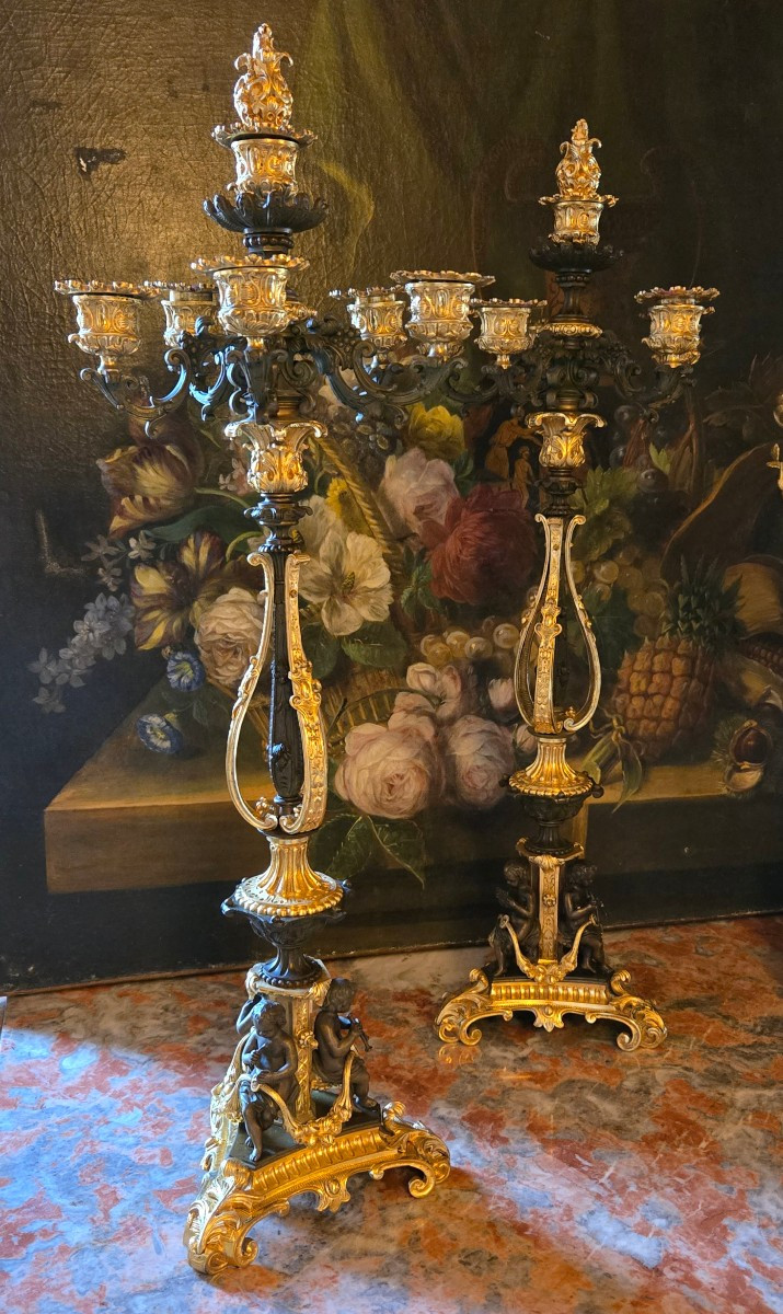  Paire de grands candélabres en bronze aux enfants musiciens – Époque Napoléon III