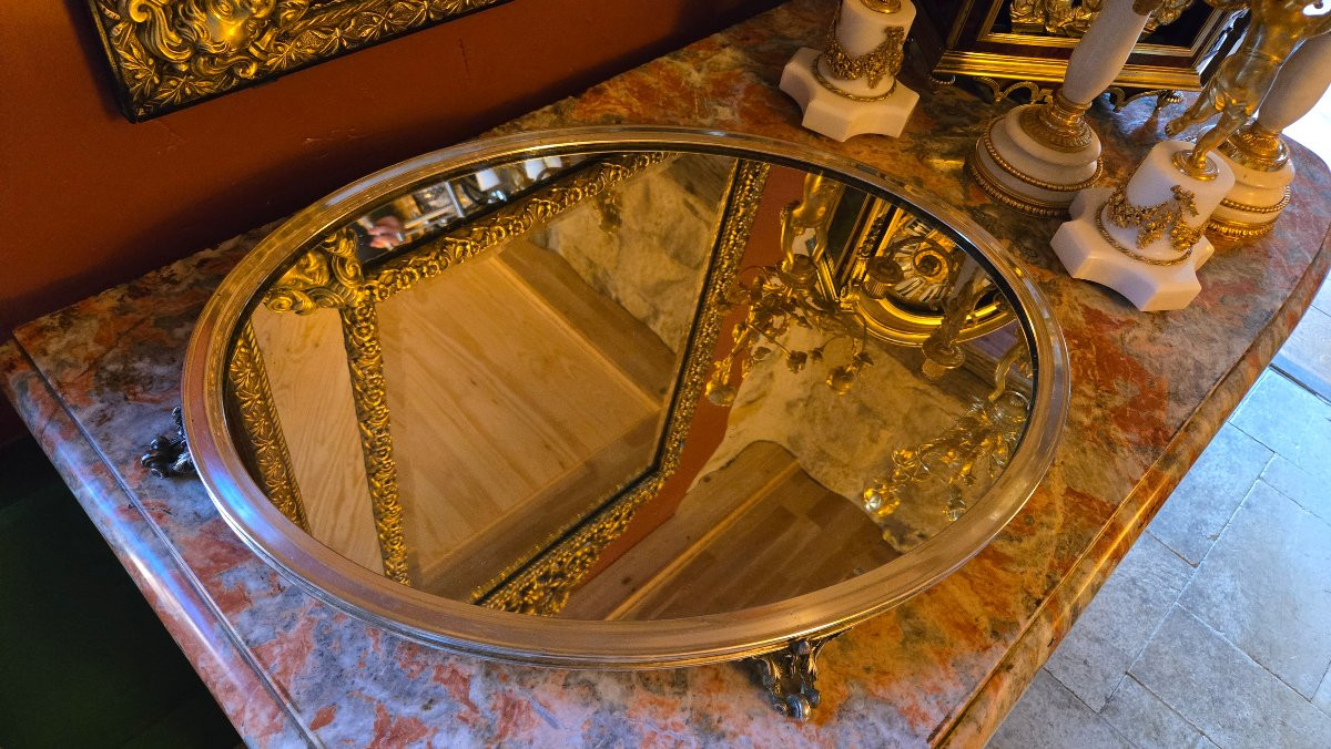 Surtout de table en bronze argenté et miroir, signé Baccarat -photo-2