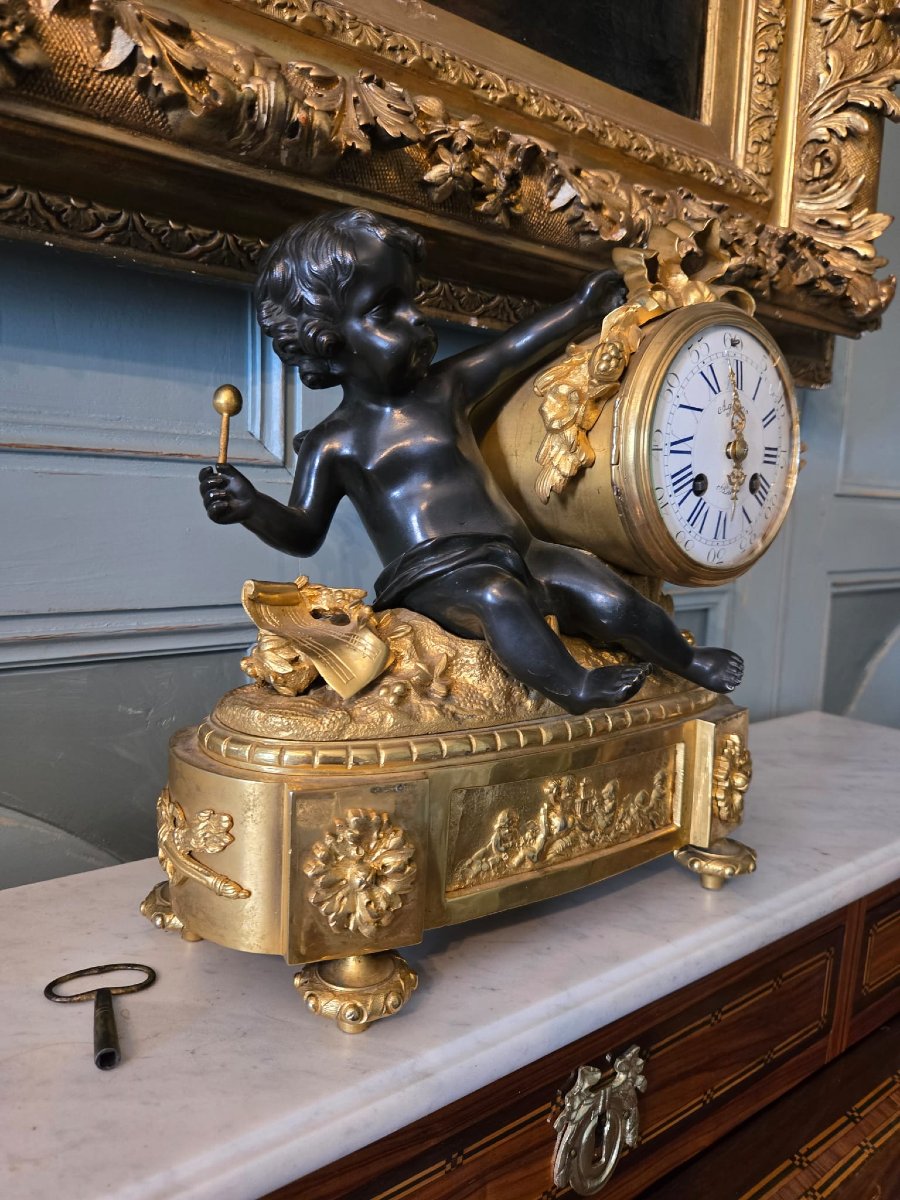 Clock With Musician Cupid – Louis XVI Period Mercury-gilt & Patinated Bronze Signed Ageron -photo-2