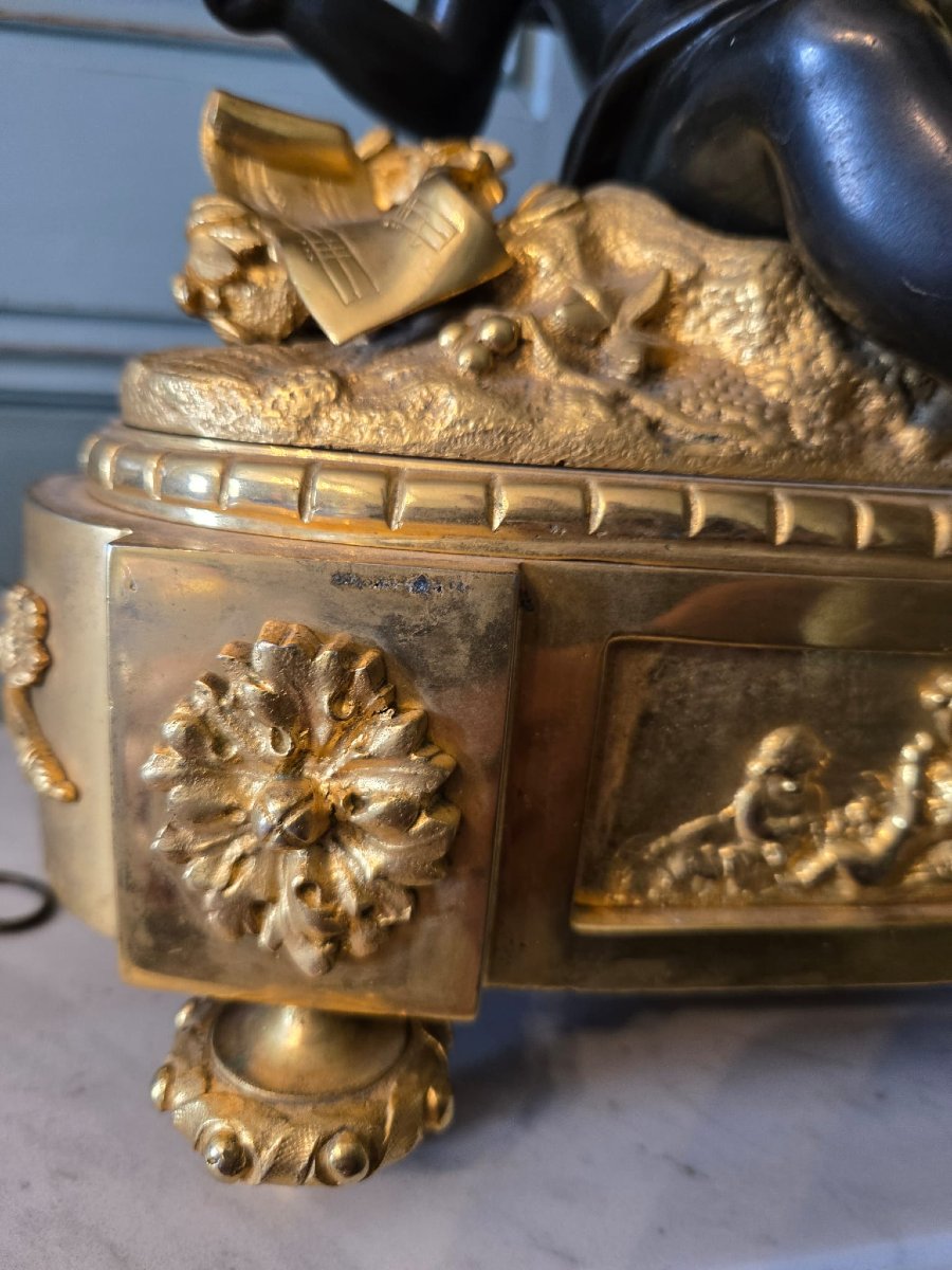 Clock With Musician Cupid – Louis XVI Period Mercury-gilt & Patinated Bronze Signed Ageron -photo-7