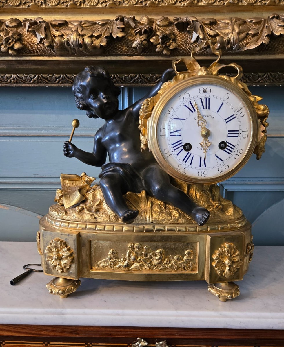 Clock With Musician Cupid – Louis XVI Period Mercury-gilt & Patinated Bronze Signed Ageron 