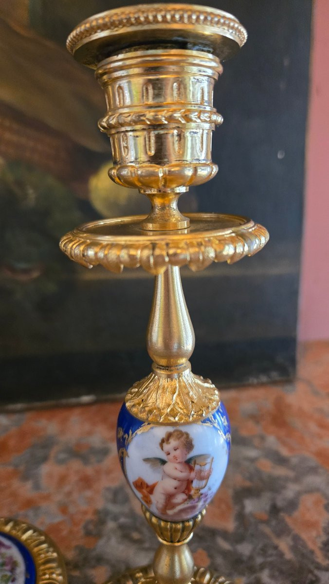 Pair Of Gilt Bronze And Porcelain Candlesticks – Louis XVI Style, 19th Century-photo-4