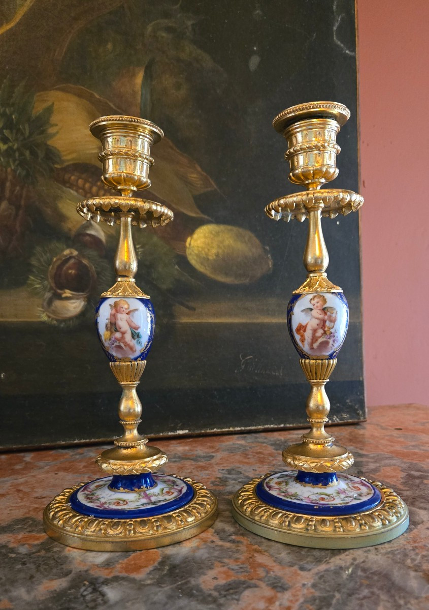 Pair Of Gilt Bronze And Porcelain Candlesticks – Louis XVI Style, 19th Century