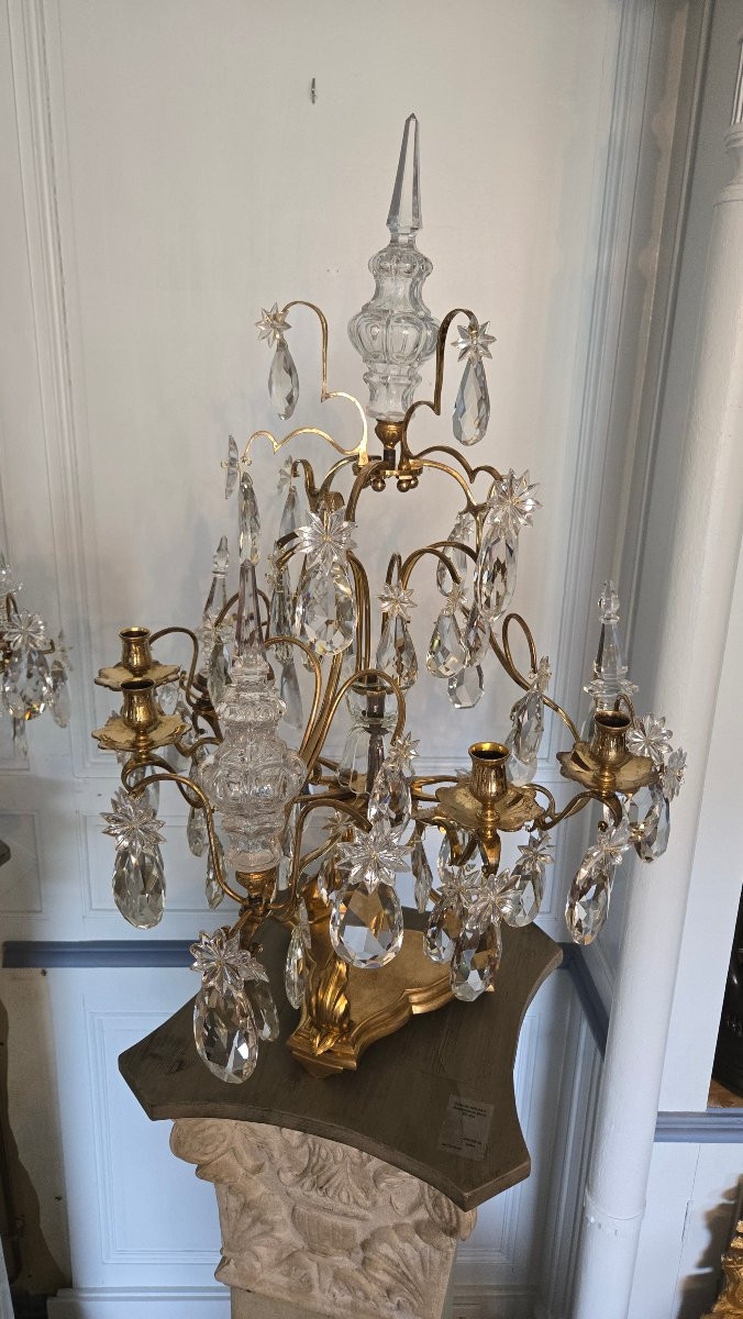Paire de girandoles dite cage en bronze doré et cristal – Époque XVIIIe siècle -photo-1
