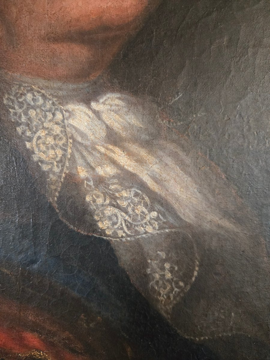Portrait de Louis XIV en armure, travail provincial avec cadre en noyer, fin XVIIᵉ-début XVIIIe-photo-1