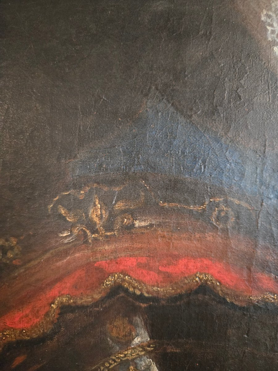 Portrait de Louis XIV en armure, travail provincial avec cadre en noyer, fin XVIIᵉ-début XVIIIe-photo-2