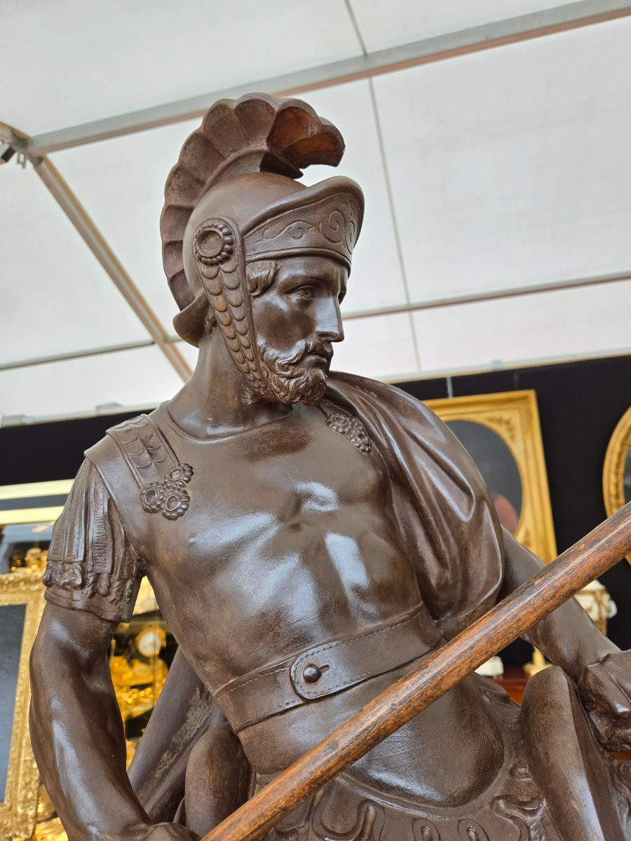 Importante sculpture équestre en terre cuite patinée représentant un guerrier antique.  -photo-3