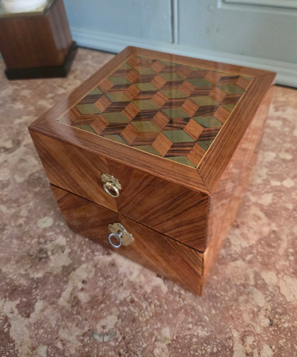 Louis XVI Period Cube Marquetry Perfume And Ointment Box.  