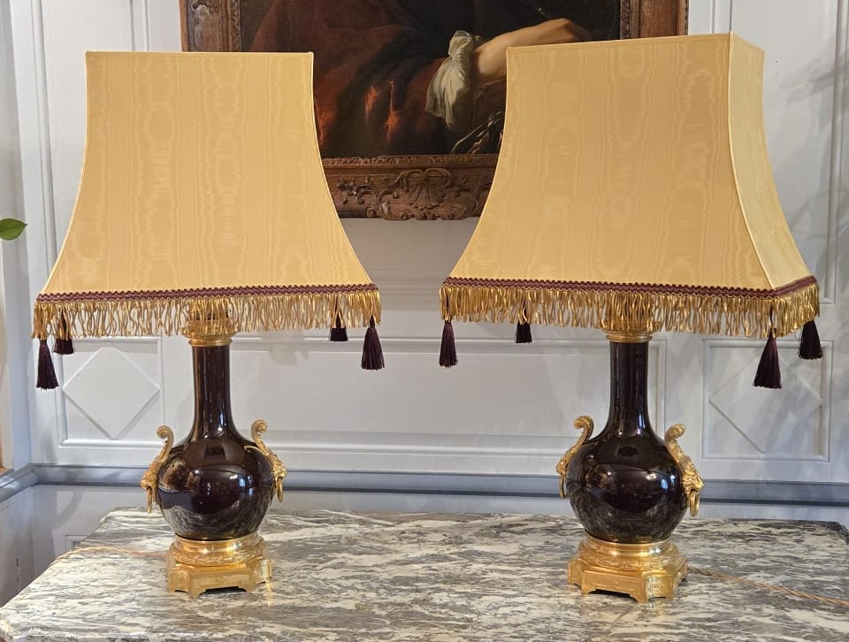 Pair Of Oxblood And Gilt Bronze Lamps, Attributed To Gagneau, Napoleon III Period.  