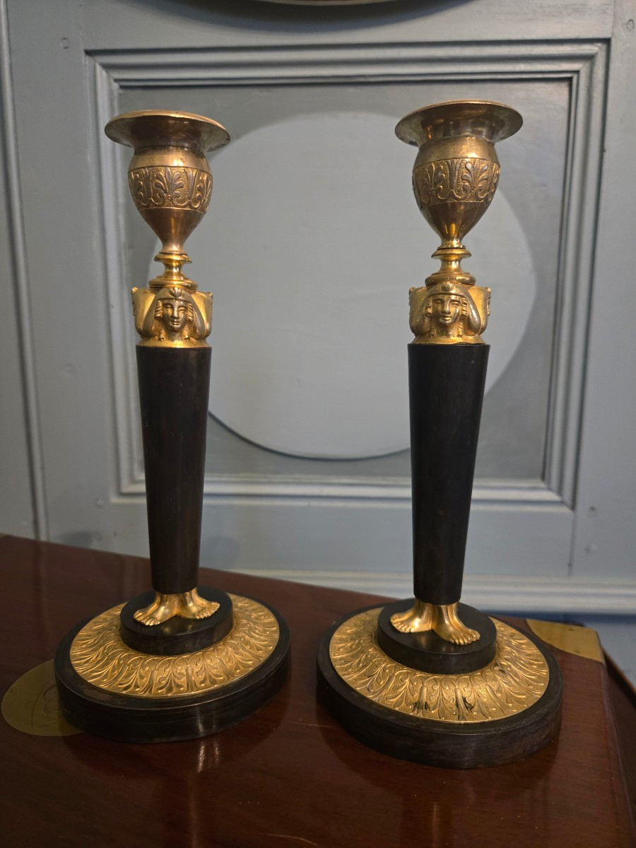 Pair Of Egyptian-style Candlesticks, Model From The Emperor's Bedroom At Saint-cloud.