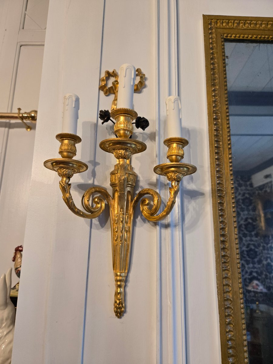 Pair Of Louis XVI Style Neoclassical Wall Sconces – Gilt Bronze And Patinated Bronze – 19th Century-photo-5