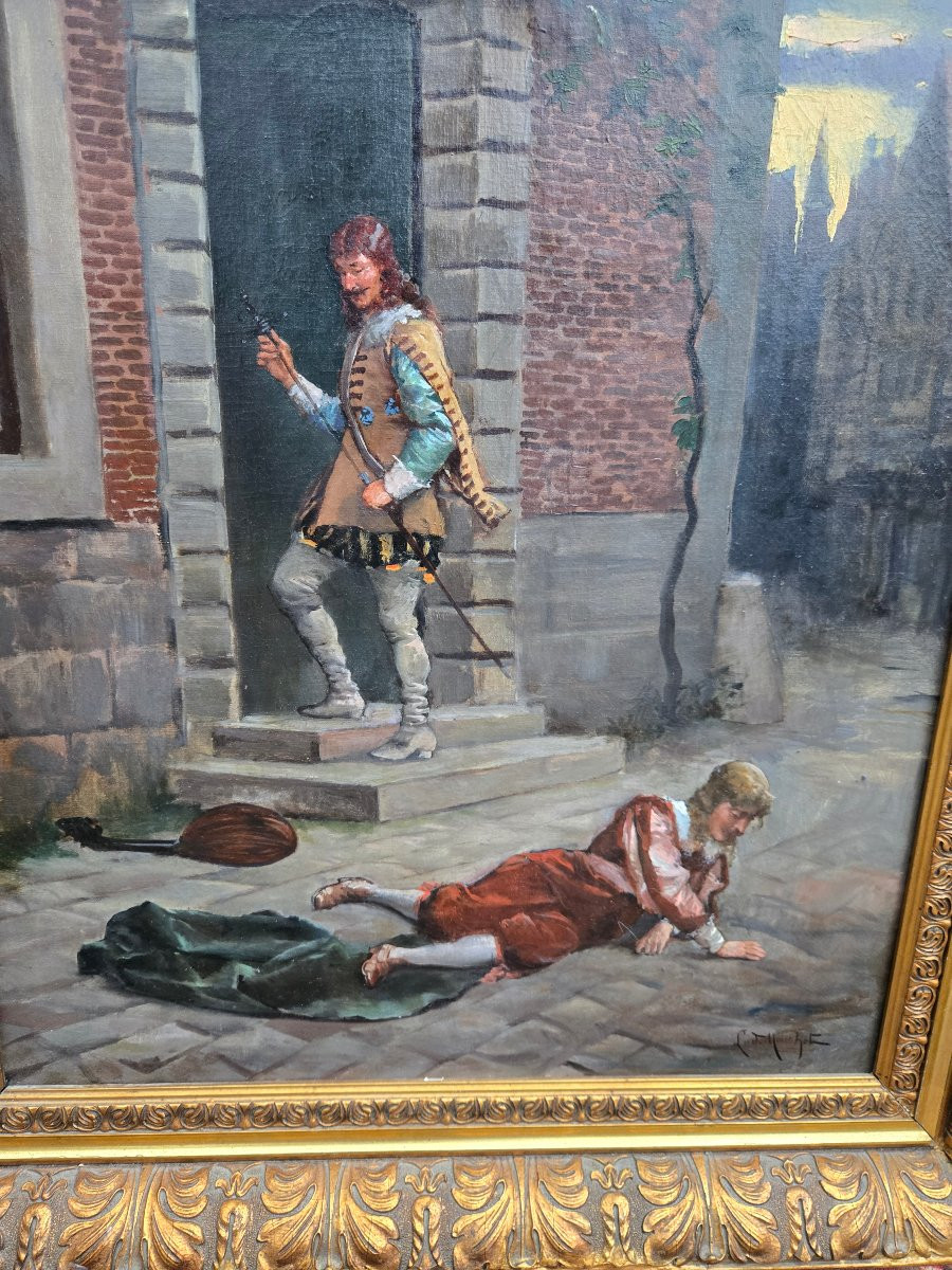 Ludovic Mouchot (1847–1893) – Gentleman Correcting A Troubadour – Oil On Canvas. -photo-3