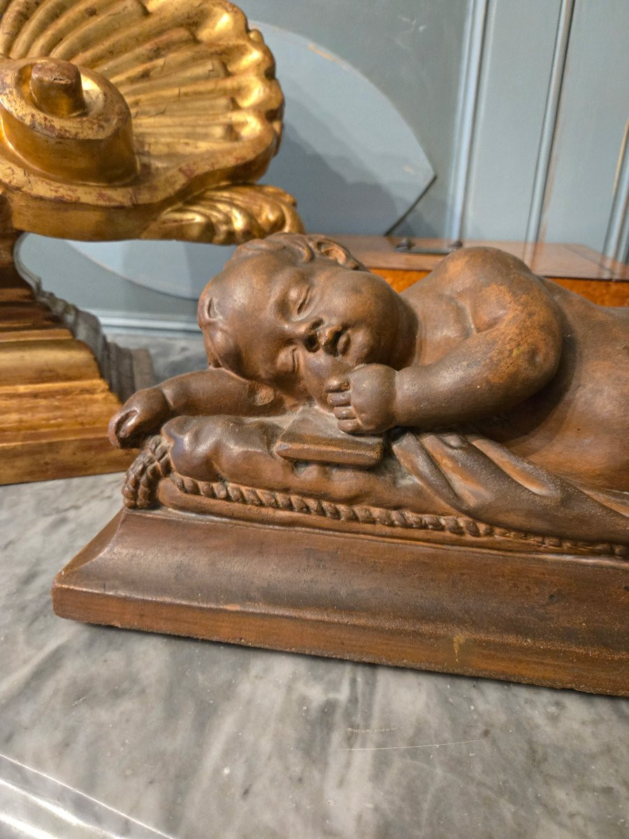Sleeping Child, Patinated Terracotta Sculpture, 19th Century.  -photo-2