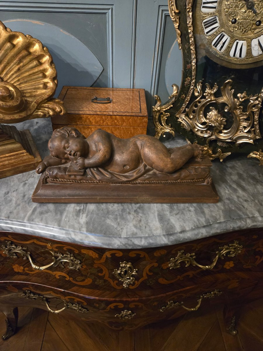 Sleeping Child, Patinated Terracotta Sculpture, 19th Century.  -photo-4